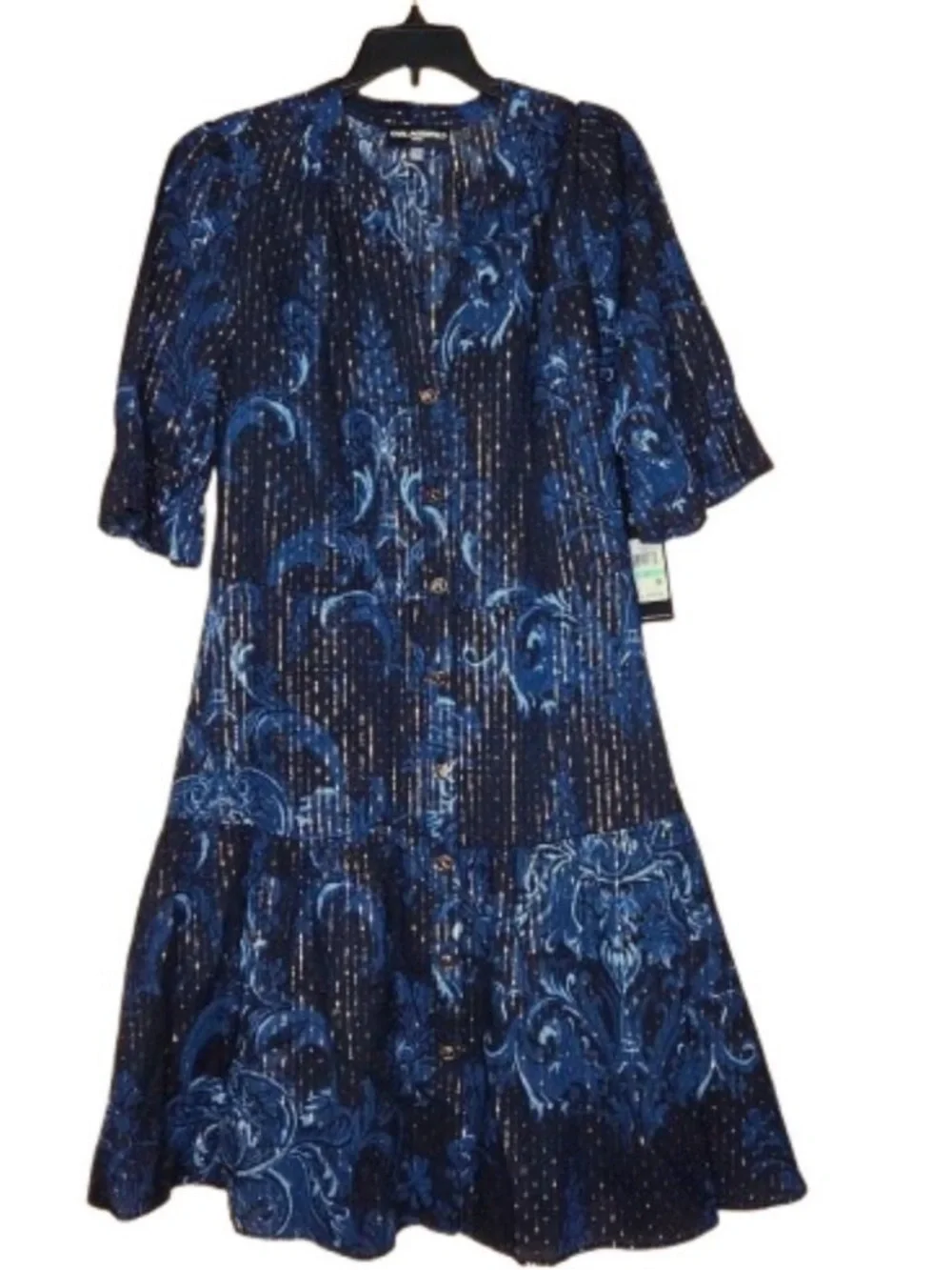 Karl Lagerfeld Black and Navy Floral Midi Dress with Chain Belt - Picture 2 of 9
